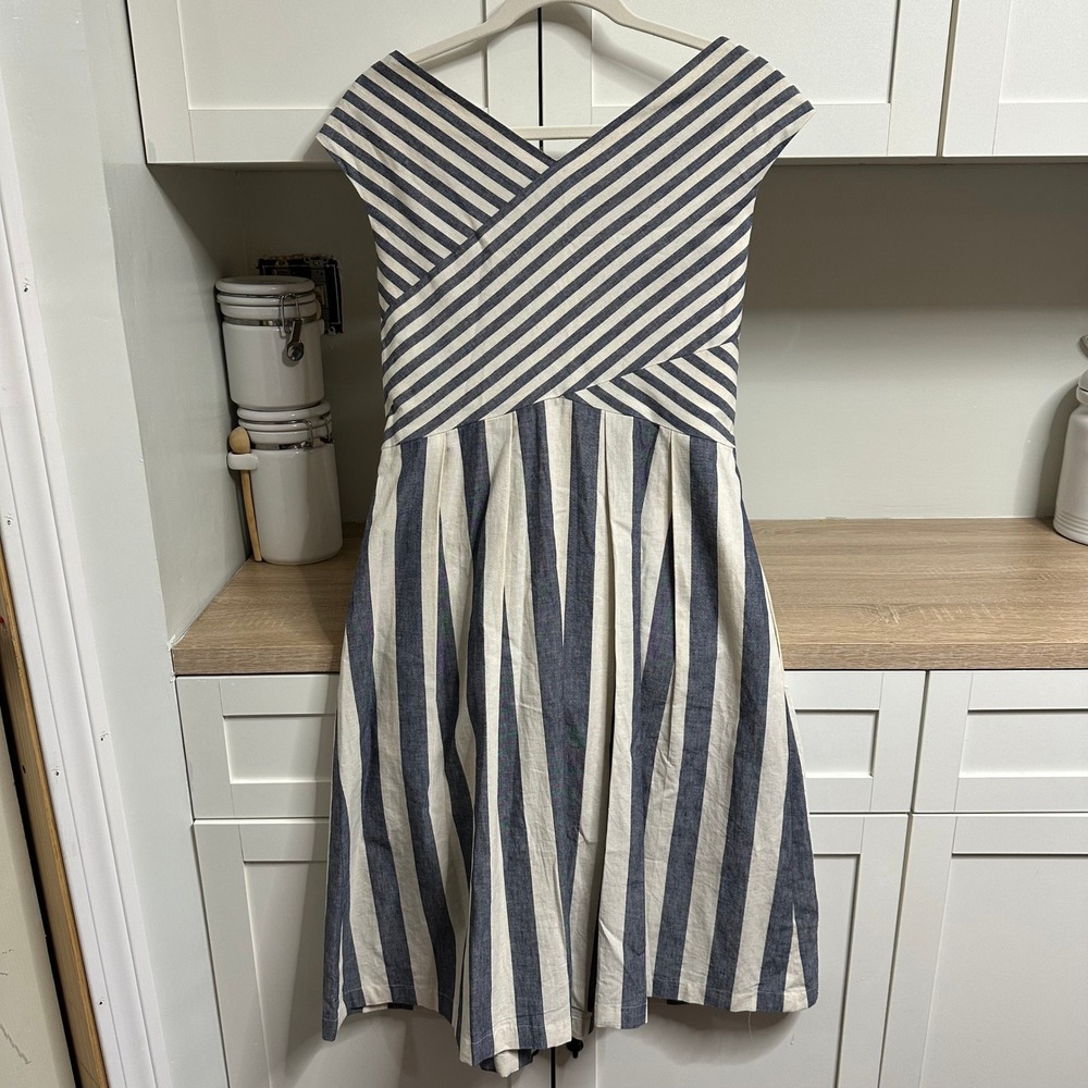 Lafayette 148 Ximena Striped Dress Women M Midi Coastal Linen Tie Pockets Career - Picture 3 of 10